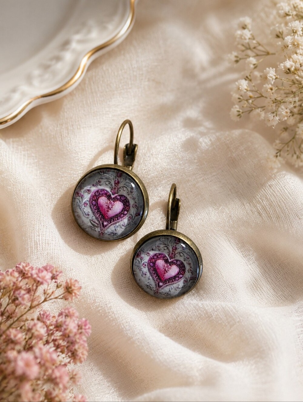 Pink Heart Cabochon Earrings | Romantic Boho Leverback Dangle Earrings NIP